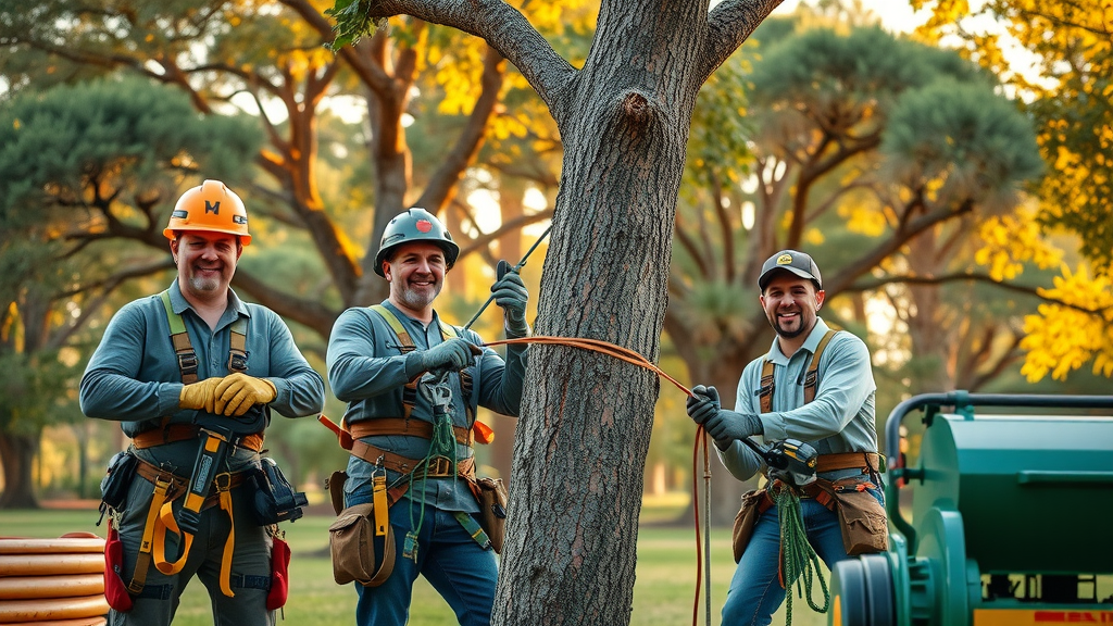 Diverse arborist team demonstrating safe tree trimming, using ropes, saws, harnesses, and wood chipper in a mature city park. Fine detail, vibrant color, and active teamwork highlighted.